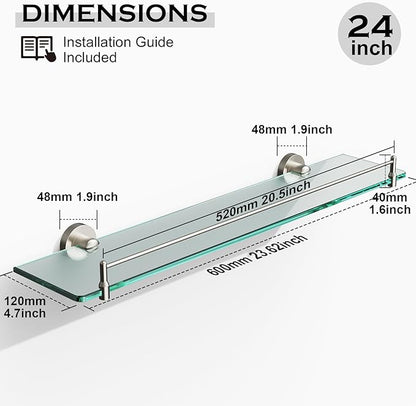 24 Inch Glass Bathroom Shelves,Brushed Nickel Floating Shelves for Wall Rectangular Modern Stainless Steel Glass Shelf for Bathroom Shelves Wall Mounted