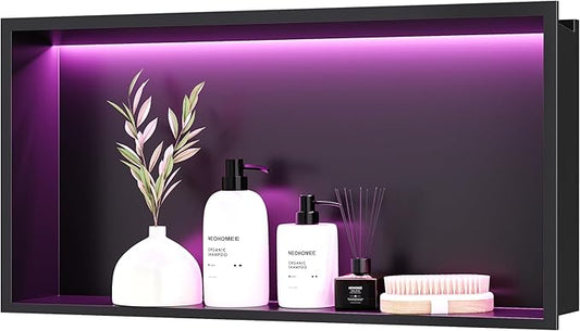 RGB LED Light Shower Niche, Matte Black 24X12 in Stainless Steel Recessed Storage with Remote Control, Waterproof No Tile Needed Wall Niche for Bathroom Storage Built-in Installation