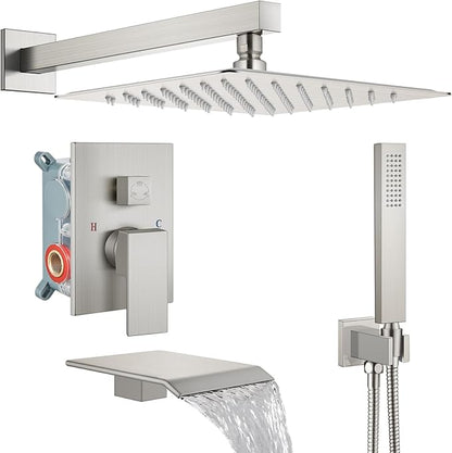 Midanya Rain Shower System with Tub Spout,Tub Shower Faucet Set with rainfall Shower Head and Handheld Spray,Wall Mount Tub Shower Combo Rough-in Valve Included,10 Inch Brushed Nickel