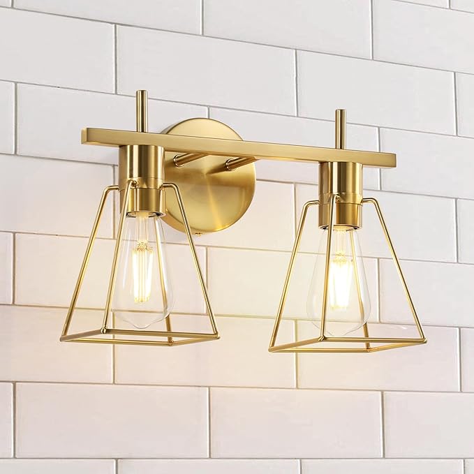 Industrial Bathroom Vanity Lights: 2-Lights Brush Gold Vintage Metal Cage Wall Sconces - Rustic Farmhouse Lightning Fixture Over Mirrors Cabinet for Dressing Hallway