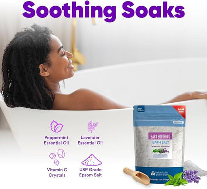 Back Soothing Bath Salt 128 Ounces (8 Lbs) USP Grade Epsom Salt with Natural Peppermint and Lavender Essential Oils Plus Vitamin C Made with Natural Ingredients