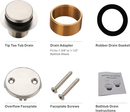 Brushed Nickel Tub Drain Tip-Toe Tub Trim Set Conversion Kit Assembly, Hidrop Bathtub Drain Replacement Trim Kit with 2-Hole Overflow Faceplate and Universal Fine/Coarse Thread, Brushed Nickel