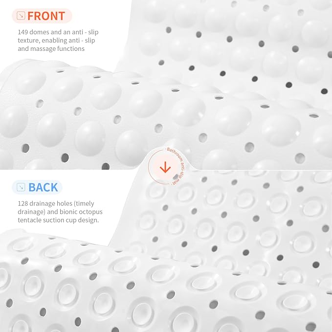 Anti-Slip Bathtub Shower mat, 27.5×14.5（Approximately 70×37cm） inch Soft Oversized Machine Washable Non-Slip Bathtub mat with Drainage Holes, Bathroom Floor Suction Cup.（1-Opaque White）