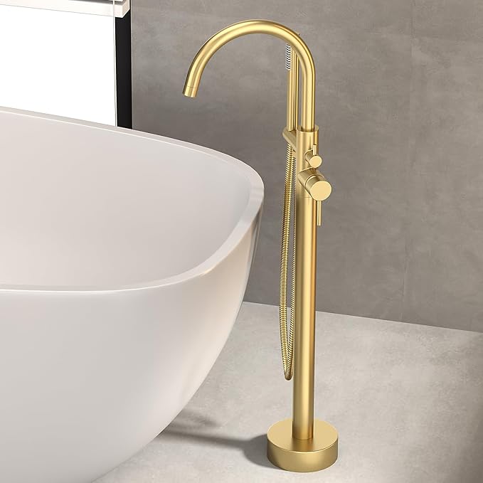 Freestanding Bathtub FaucetFloor Mount Bathtub Filler Shower Mixer Faucet with Handheld Shower Sprayer Swivel, Side Inlet，Gold