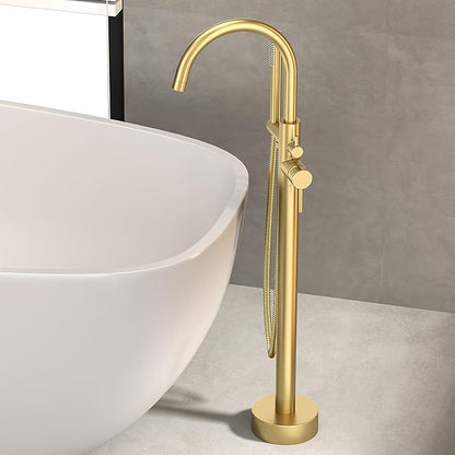 Freestanding Bathtub FaucetFloor Mount Bathtub Filler Shower Mixer Faucet with Handheld Shower Sprayer Swivel, Side Inlet，Gold