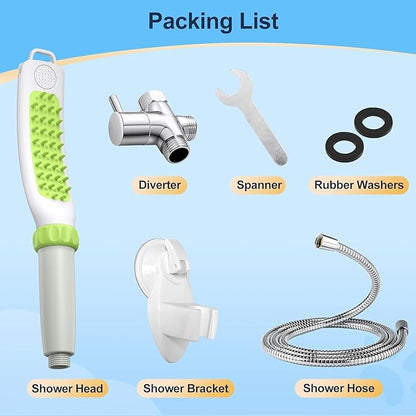 Dog Shower Attachment, Rubber Dog Grooming Bath Brush for Long & Short Haired Dogs and Cats, Pet Hair Scrubber For Washing, Deshedding, Massage, Stainless Steel Shower Hose