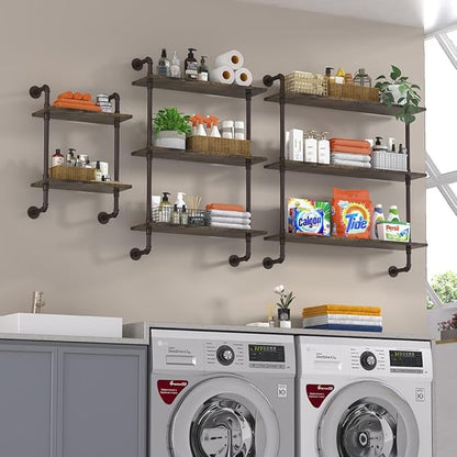 Helsin 2 Tier Industrial Pipe Floating Bathroom Shelves, 16inch Rustic Wood Wall Mounted Shelf, Storage Rack Sundries Holder for Kitchen Office Bathroom Organization & Home Décor