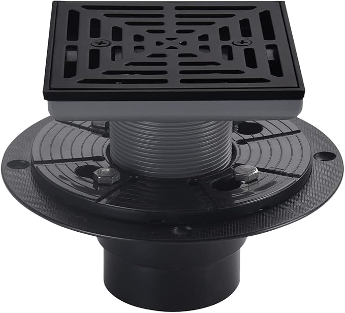 4-1/4 Inch Black Shower Drain Square, Base with Adjustable Drain Flange Kit PVC, Removable Grille Strainer Drain Cover with Screws, SUS304 Stainless Steel