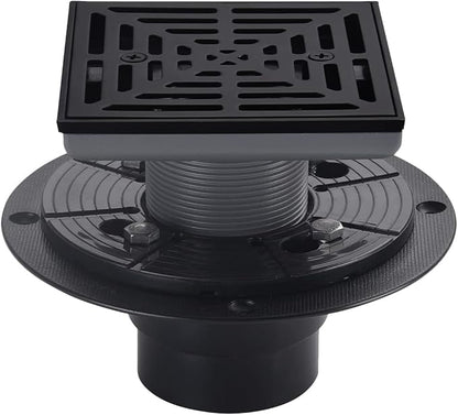 4-1/4 Inch Black Shower Drain Square, Base with Adjustable Drain Flange Kit PVC, Removable Grille Strainer Drain Cover with Screws, SUS304 Stainless Steel