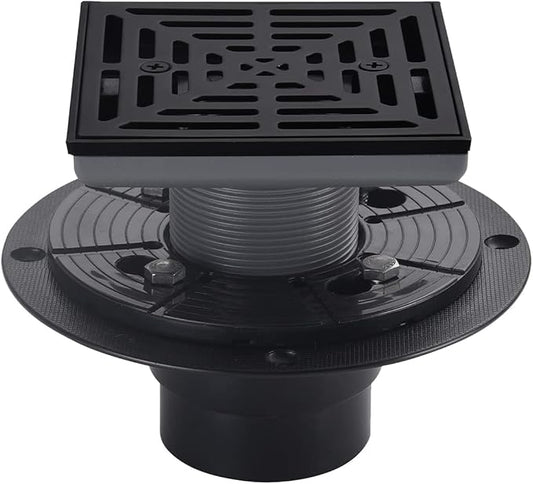 4-1/4 Inch Black Shower Drain Square, Base with Adjustable Drain Flange Kit PVC, Removable Grille Strainer Drain Cover with Screws, SUS304 Stainless Steel