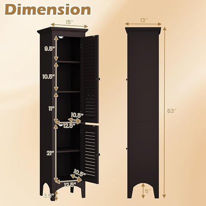 Tangkula 63" Tall Bathroom Storage Cabinet, Freestanding Narrow Linen Tower with Adjustable Shelf, Modern Slim Floor Cabinet with 2 Doors for Bathroom, Living Room, Kitchen (Brown)