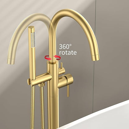 Freestanding Bathtub FaucetFloor Mount Bathtub Filler Shower Mixer Faucet with Handheld Shower Sprayer Swivel, Side Inlet，Gold