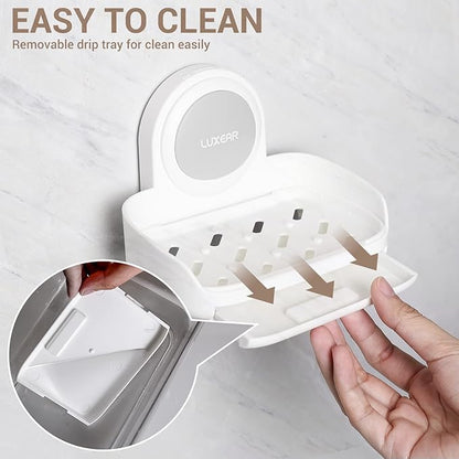 LUXEAR 4 Pack Shower Caddy Set - Suction Cup Shower Shelf+Soap Dish+Hooks - 1 Sec Installation NO-Drill Removable Powerful Waterproof Organizer