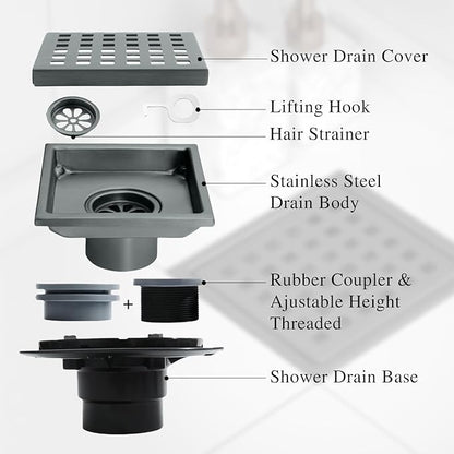 4 Inch Square Shower Drain, SUS 304 Stainless Steel Shower Drain with Flange, Removable Grid Cover Hair Strainer, High Flow Shower Floor Drain, Gun Grey