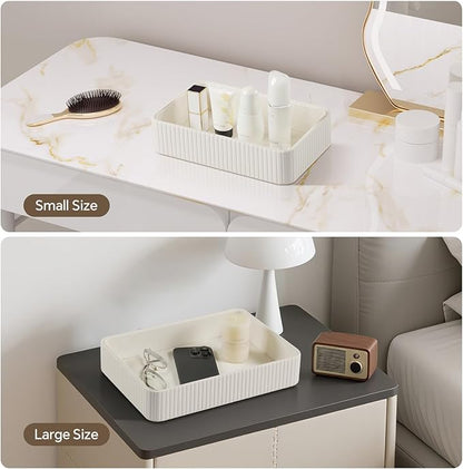 2 Pack Nightstand Organizer Tray, Decorative Perfume Valet Tray Trinket Dish Catch All Purse Key Bowl, PU Leather Coffee Table Trays for Vanity Dresser Bedside Bathroom Countertop (Ivory)