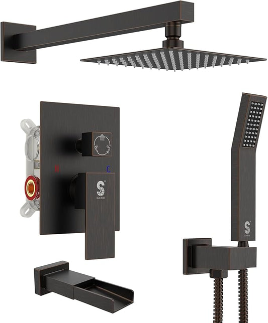 SR SUN RISE 8 Inches All Metal Bathtub Faucet Set Shower System with Tub Spout Square Rain Shower Head and Handheld Combo Shower Fixtues, Modern Valve and Trim Kit, Oil-Rubbed Bronze