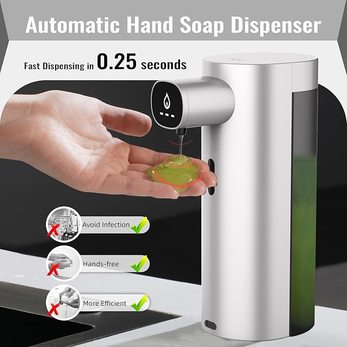 Automatic Liquid Soap Dispenser Touchless, USB Rechargeable Smart Hand Soap Dispenser, 13.5oz/400ml, 3-Level Adjustable, Compatible with Thick Thin Dish Soap for Bathroom Kitchen, Clog-Free, Silver