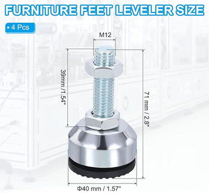 PATIKIL Furniture Leveling Feet 2.8" Dia Base M12 Thread, 4 Pcs Carbon Steel Adjustable Threaded Furniture Levelers Screw on Leg Leveler with Pads for Desk Chair Cabinet, Black