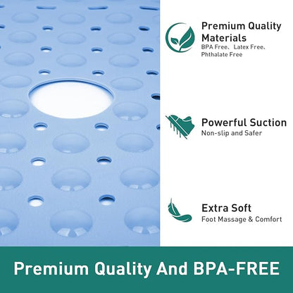 Large Light Blue Square Shower Mat Non Slip 27 x 27 Inch, Soft Bath Mat Tub Mat for Inside Shower Floor, Anti Slip Shower Stall Mats With Big Suction Cups Drain Hole, Easy Washable, BPA-Free
