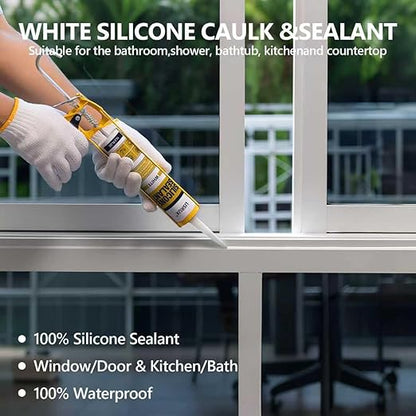 White Advanced Silicone Caulk, 100% Waterproof Silicone Sealant Indoor Outdoor Caulking for Window, Door, RV, Roof, Auto & Marine, Kitchen, Bathroom, Glass,15.2 oz（1-Pack） No Odor