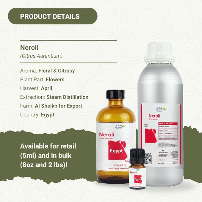 Neroli Essential Oil - Direct from Al Sheikh for Export Egypt - Steam Distilled - Aceite de Neroli for Aromatherapy, Massage, Diffuser, DIY Candle and Soap Making - 8oz