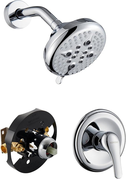 KINSE 5- Inches Shower head, Shower Faucet Set, shower kit with valve and shower head，Brass valve and stainless steel kits，Without tub spout (Chrome)