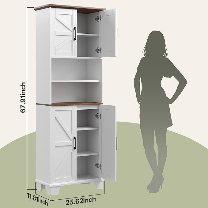 Farmhouse Bathroom Storage Cabinet, 67.9" Tall Freestanding Cabinet with 7 Adjustable Shelves & Barn Doors, Multipurpose Pantry Cupboard for Kitchen, Bathroom, Living Room, Dining Room