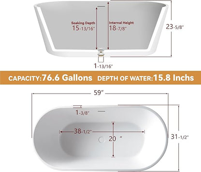 59" Free Standing Tub, Pure Acrylic Freestanding Bathtub, Stylish Stand Alone Contemporary Deep Soaking Bath Tub, cUPC Certified SY1550 (Glossy White)