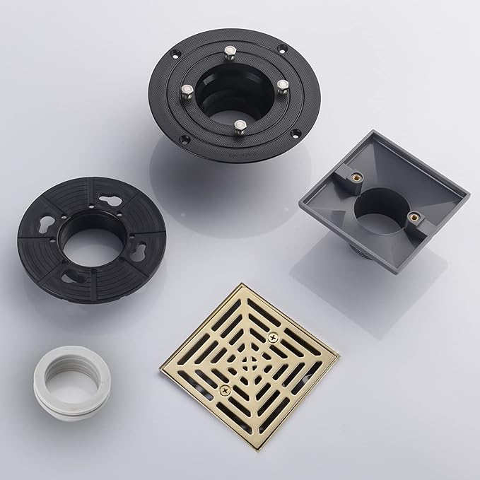 4-1/4 Inch Brushed Gold Shower Drain Square, Base with Adjustable Drain Flange Kit PVC, Removable Grille Strainer Drain Cover with Screws, SUS304 Stainless Steel Brass Face