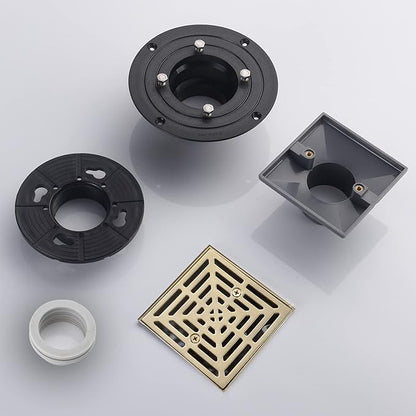 4-1/4 Inch Brushed Gold Shower Drain Square, Base with Adjustable Drain Flange Kit PVC, Removable Grille Strainer Drain Cover with Screws, SUS304 Stainless Steel Brass Face