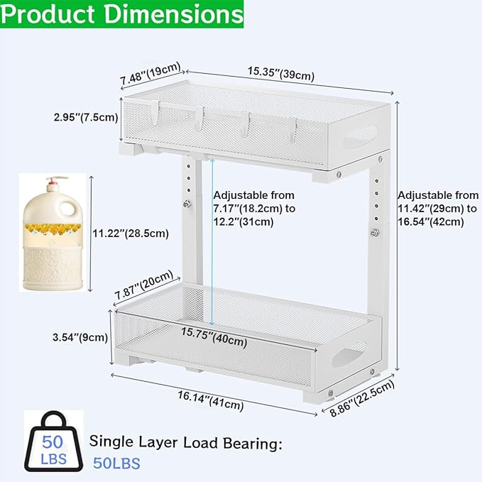 Under Sink Organizer, 2-Tier Pull Out Cabinet Organizer with Adjustable Height, Use in Kitchen Bathroom Cabinet and Countertop Storage, White