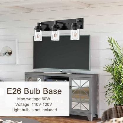 MELUCEE Vintage Bathroom Lighting Fixtures Over Mirror, 3-Light Modern Vanity Lights Black Finish Industrial Wall Sconce with Clear Glass Shade