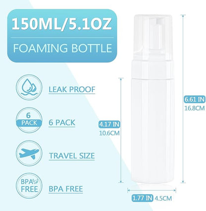 Foam Pump Bottle 150ml/5 oz Empty Plastic Foam Dispenser Pump Bottle Travel Large Refillable BPA Free Lotion Bottles for Shampoo Shower Hand Soap Foaming (6 Pack) White
