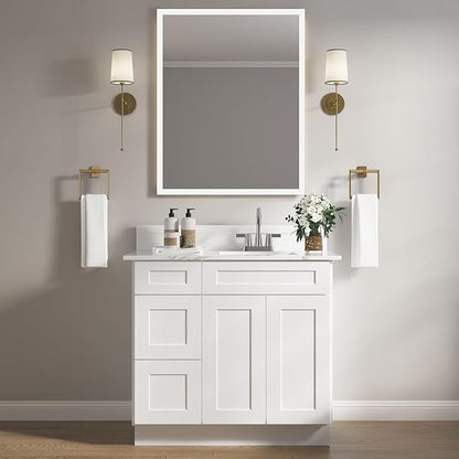 ROOMTEC Bathroom Cabinet, 36'' Free Standing Bathroom Vanity with 3 Left Drawers and 1 Door,Soft-Close Drawer Slides Morden Bathroom Sink Vanity Storage Cabinet, Shaker White
