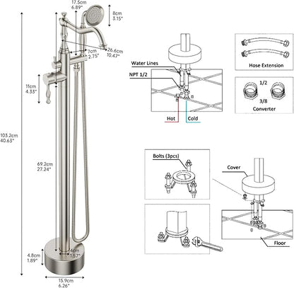 Brushed Nickel Bathtub Faucet Freestanding Tub Filler High Pressure Single Handle Bathtub Filler Floor Mounted Brass Bathroom Tub Faucets with Handheld Shower