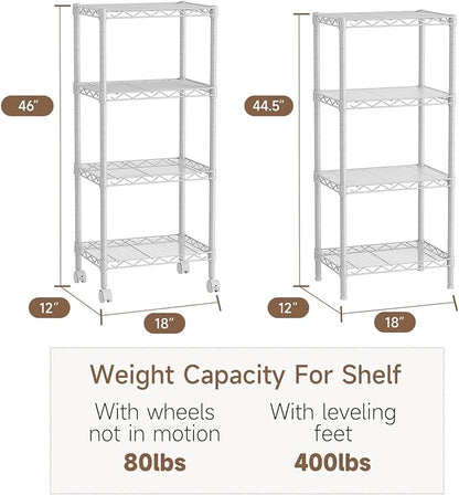 4 Tier Adjustable Storage Shelves,Heavy Duty Metal Utility Shelf Wire Shelving Unit Organizer Rack for Home Kitchen Office Bathroom Pantry Room 12" D x 18" W x 44.5" H