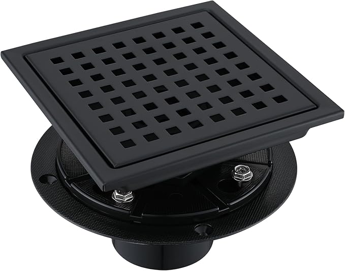 6 Inch Square Shower Floor Drain, Stainless Steel Black Shower Drain Kit with Flange, Floor Drain with Removable Grid Cover,Matte Black