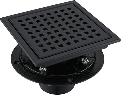 6 Inch Square Shower Floor Drain, Stainless Steel Black Shower Drain Kit with Flange, Floor Drain with Removable Grid Cover,Matte Black