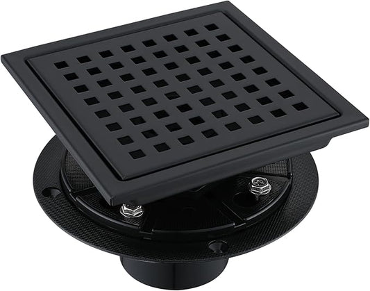 6 Inch Square Shower Floor Drain, Stainless Steel Black Shower Drain Kit with Flange, Floor Drain with Removable Grid Cover,Matte Black