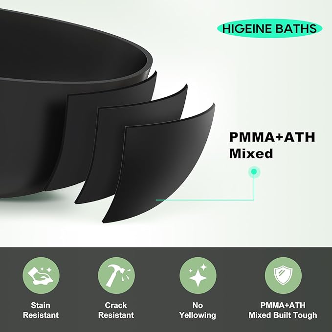 65" Premium Matte Black Solid Surface Freestanding Bath Tub, Oval Stone Resin Tub with Overflow and Pop-up Drain