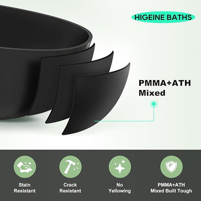 65" Premium Matte Black Solid Surface Freestanding Bath Tub, Oval Stone Resin Tub with Overflow and Pop-up Drain