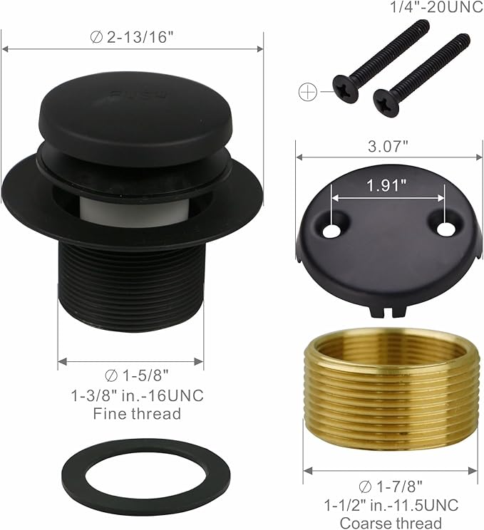 Black Bathtub Drain Tip Toe Tub Conversion Kit, Replacement Bath Tub Drain Trim Kit with Two-Hole Overflow Faceplate and Universal Fine/Coarse Thread Assembly, Matte Black