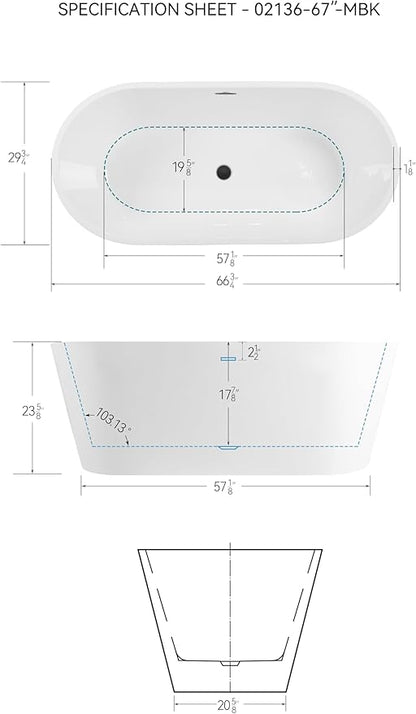 FerdY 67" Shangri-La Elite, Acrylic Freestanding Bathtub, Modern & Contemporary Design Soaking Tub with Matte Black Drain Pop-Up Drain and Minimalist Design Overflow, cUPC Certified
