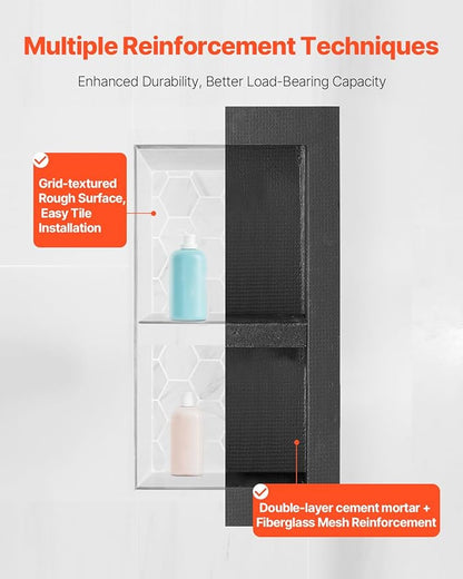 VEVOR Shower Niche, 16 x 32 inch + 16 x 32 inch Recessed Wall Niche with Movable Shelf, 4 inch Thick Modern Soap&Shampoo Storage Organizer,Square Corners,Sealed Waterproof,Black for Bathroom Shower