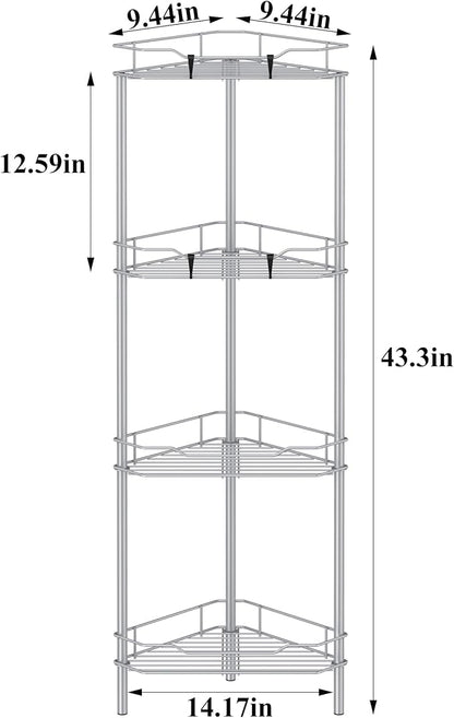 4 Tier Floor Standing Corner Shower Caddy Organizer Shelf with Hooks, Bathroom Shelves Stand Rack, Silver
