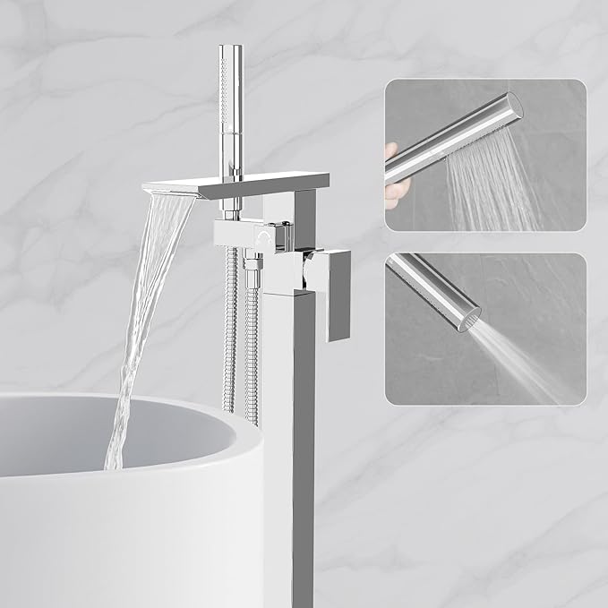 RUMOSE Polished Chrome Bathtub Filler Freestanding Tub Filler Floor Mount Tub Faucet Waterfall Bathtub Faucet with CUPC Certified High Flow Brass Bath Shower Faucets with Handheld Sprayer