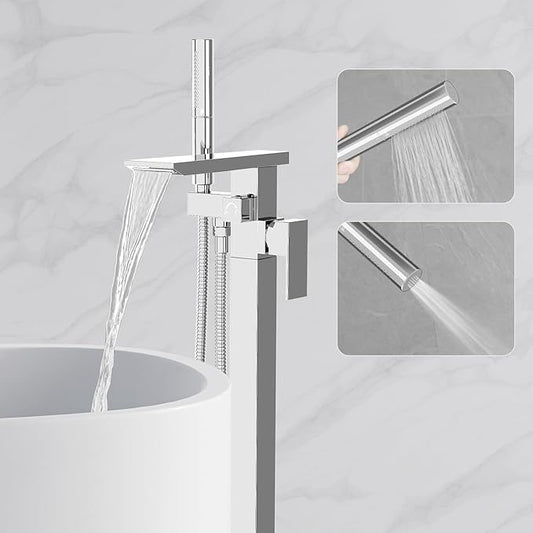RUMOSE Polished Chrome Bathtub Filler Freestanding Tub Filler Floor Mount Tub Faucet Waterfall Bathtub Faucet with CUPC Certified High Flow Brass Bath Shower Faucets with Handheld Sprayer