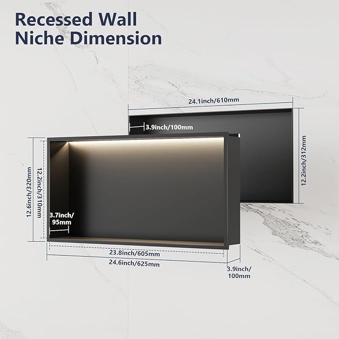 LED Shower Niche 24" x 12", Stainless Steel No Tile Needed Wall Niche with Light, Recessed Shower Shelf for Bathroom Storage Insert Installation (Matte Black)