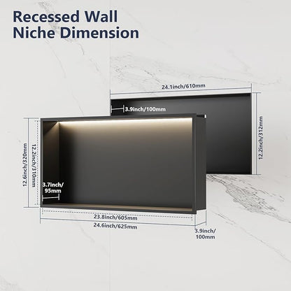 LED Shower Niche 24" x 12", Stainless Steel No Tile Needed Wall Niche with Light, Recessed Shower Shelf for Bathroom Storage Insert Installation (Matte Black)