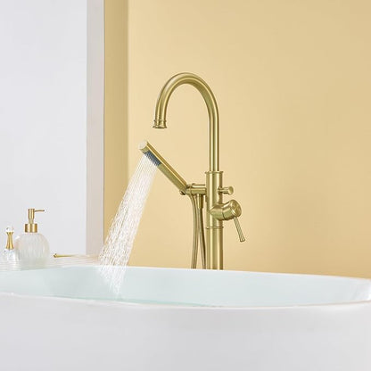 Free Standing Tub Faucet Brushed Gold Freestanding Bathtub Faucet Floor Mount Brass Bathroom Tub Filler with Hand Shower